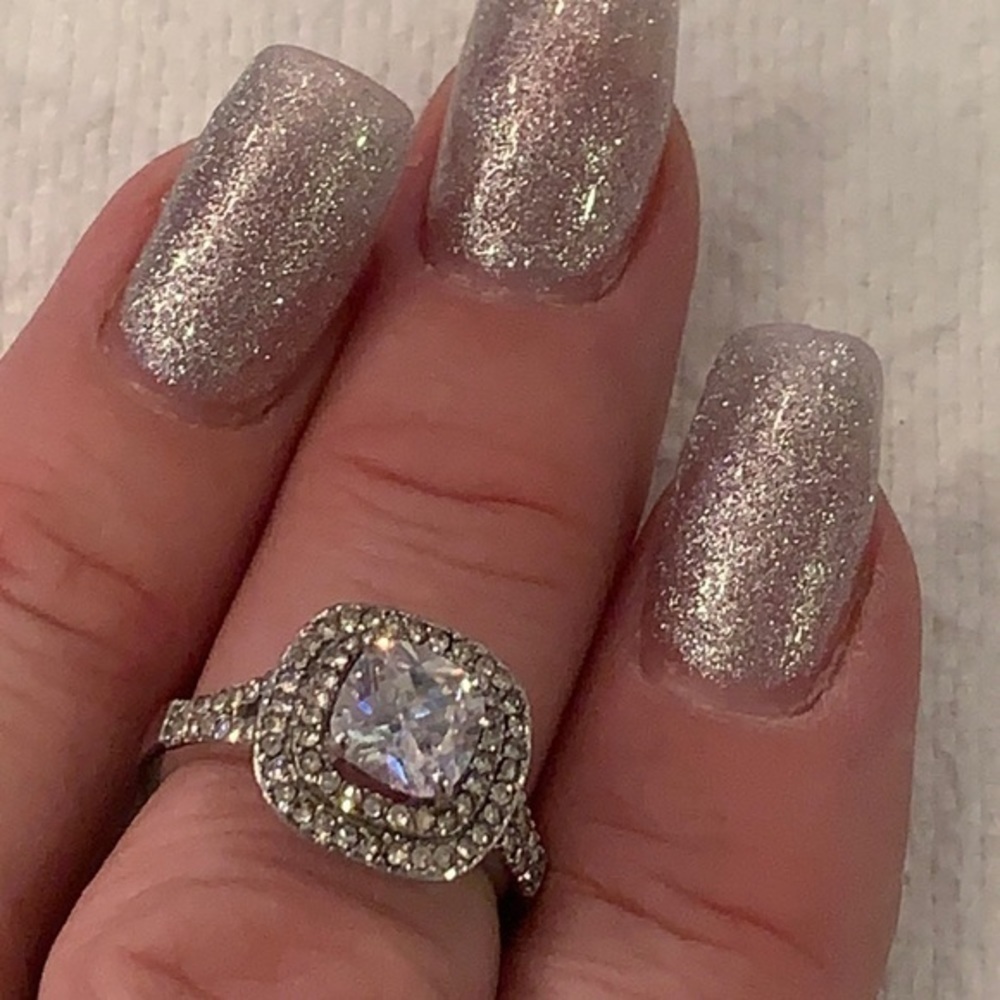 Square cut faux Diamond silver tone cocktail statement ring